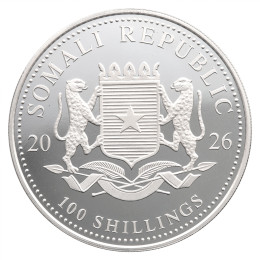 Somalija: srebrnik African Wildlife – Elephant (Slon) 100 Schillings ST 2026 1 oz .9999 srebro, Bavarian State Mint