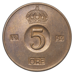 Švedska (Kraljevina): kovanec 5 öre 1954 – Gustaf VI Adolf