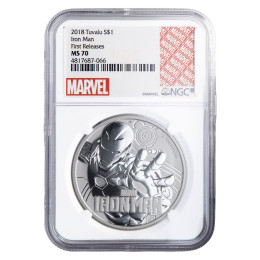 Tuvalu: 1 dollar 2018 – Iron Man™ (Marvel), srebro 999/1000, 1 oz – The Perth Mint - NGC MS70