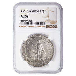 Velika Britanija: srebrni kovanec Trade Dollar 1901-B – Britannia, srebro .900, NGC AU58