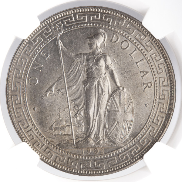 Velika Britanija: srebrni kovanec Trade Dollar 1901-B – Britannia, srebro .900, NGC AU58 (UK1112X002610) numizmatika kovanci