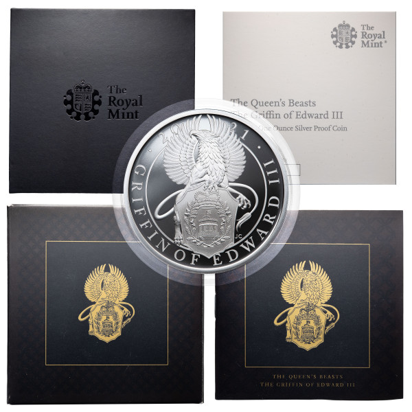 Združeno kraljestvo: srebrni kovanec The Queen’s Beasts Griffin of Edward III 2 GBP 2021 1 oz PP 999 srebro, Royal Mint (GB0991X003752) numizmatika kovanci