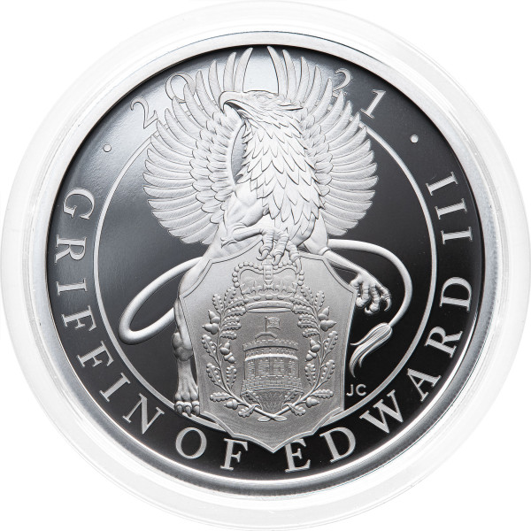 Združeno kraljestvo: srebrni kovanec The Queen’s Beasts Griffin of Edward III 2 GBP 2021 1 oz PP 999 srebro, Royal Mint (GB0991X003752) numizmatika kovanci