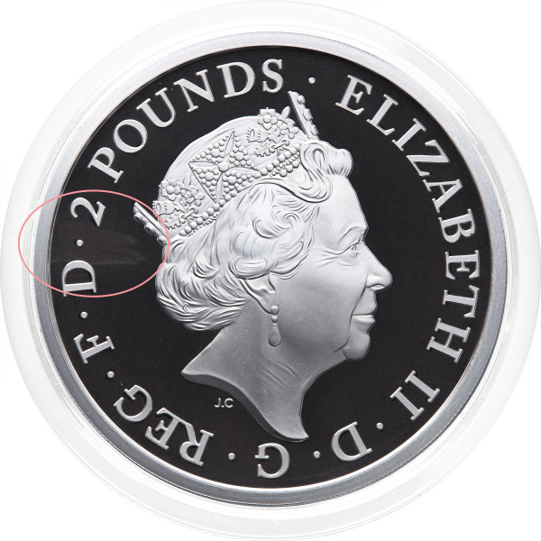 Združeno kraljestvo: srebrni kovanec The Queen’s Beasts Griffin of Edward III 2 GBP 2021 1 oz PP 999 srebro, Royal Mint (GB0991X003752) numizmatika kovanci