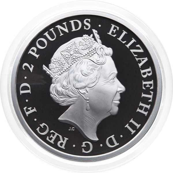 Združeno kraljestvo: srebrni kovanec The Queen’s Beasts Griffin of Edward III 2 GBP 2021 1 oz PP 999 srebro, Royal Mint (GB0991X003752) numizmatika kovanci