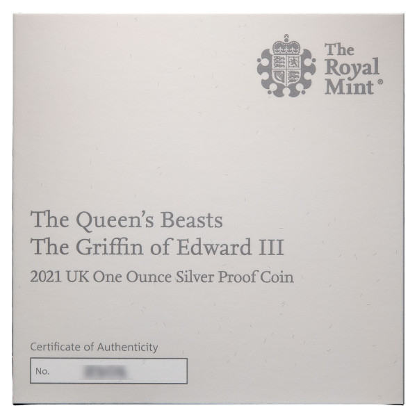 Združeno kraljestvo: srebrni kovanec The Queen’s Beasts Griffin of Edward III 2 GBP 2021 1 oz PP 999 srebro, Royal Mint (GB0991X003752) numizmatika kovanci