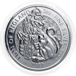 Združeno kraljestvo: srebrnik Lion of England BU 5 Pounds 2022 2 oz .9999 srebro, The Royal Mint