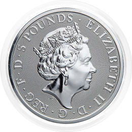Združeno kraljestvo: srebrnik Lion of England BU 5 Pounds 2022 2 oz .9999 srebro, The Royal Mint