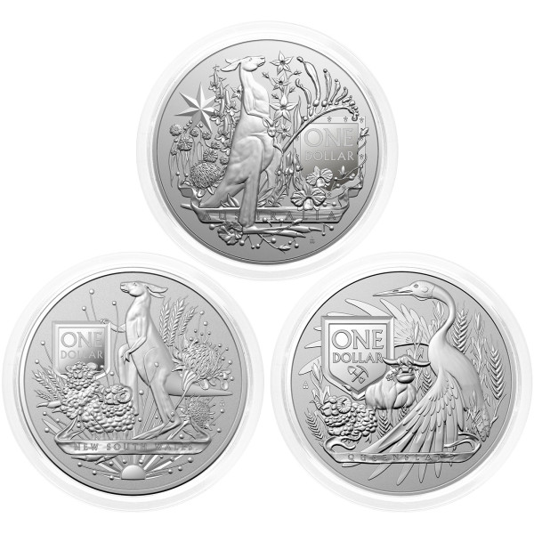 Avstralija: set srebrnikov Australia’s Coat of Arms (Avstralski grb) 1 AUD BU 2020–2023 3 × 1 oz .999 srebro, Royal Australian Mint (AU0990X002476) numizmatika kovanci