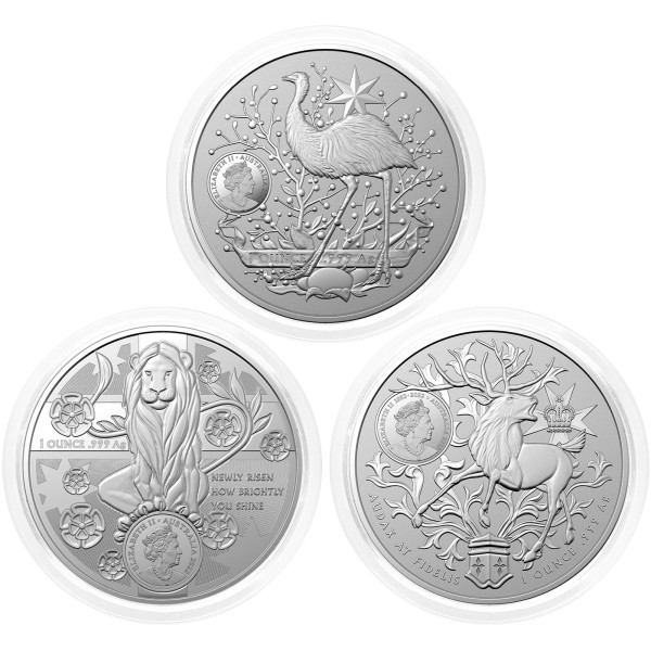Avstralija: set srebrnikov Australia’s Coat of Arms (Avstralski grb) 1 AUD BU 2020–2023 3 × 1 oz .999 srebro, Royal Australian Mint (AU0990X002476) numizmatika kovanci