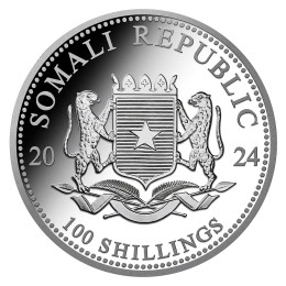 Somalija: 100 Schillings 2024 - 1oz .9999 Ag ST - African Wildlife - ELEPHANT
