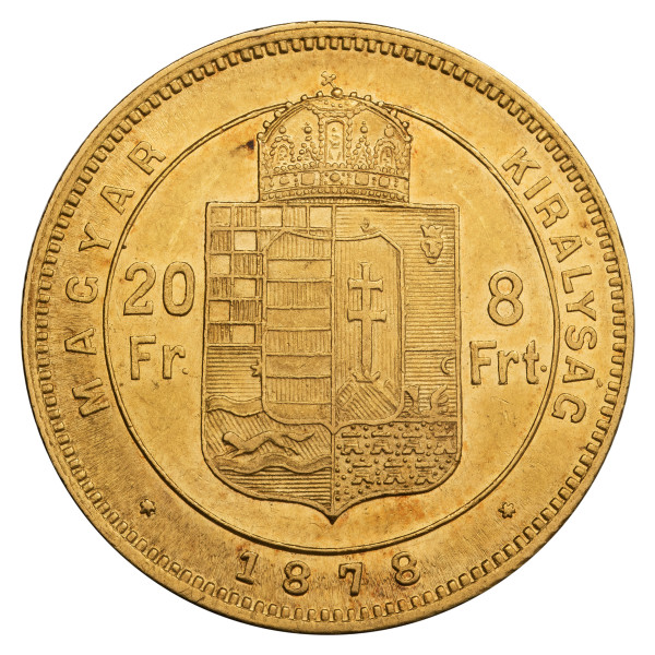 Avstro-Ogrska: zlatnik 20 frankov / 8 forintov 1878 Franc Jožef I .900 zlato (HU1135X002523) numizmatika kovanci