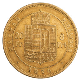 Avstro-Ogrska: zlatnik 20 frankov / 8 forintov 1874 Franc Jožef I .900 zlato